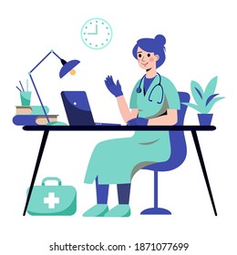 The doctor is sitting with a laptop. The doctor works in the office. Flat vector illustration. eps 10
