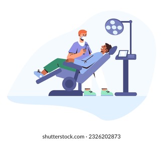 Doctor sitting near patient and examining teeth. Concept of dentistry and oral care. Teeth treatment using medical equipment. Vector flat illustration in blue colors