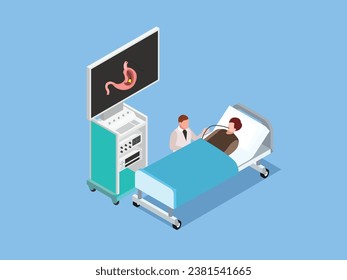 doctor sitting next to the patient bed doing Gastroscopy isometric 3d vector concept for illustration, banner, website, landing page, flyer, etc.