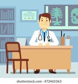 Doctor sitting at the table in medical vector healthcare concept. Character professional physician on workplace illustration