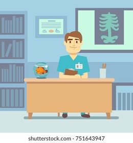 Doctor sitting at the table in medical vector healthcare concept illustration