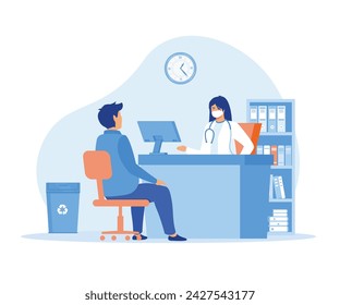 Doctor sentado a la mesa con monitor. Terapeuta familiar, cuidado de la salud, concepto de espacio de trabajo clínico. vector plano ilustración moderna