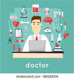 Doctor sitting at the table in the office and a set of tools. character design. Vector illustration flat design.