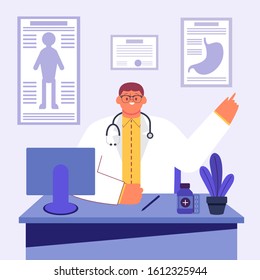 Doctor sitting at the table vector illustration