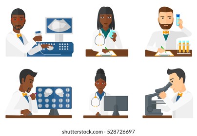 Doctor sitting with ultrasound scanner in hands. Doctor working on modern ultrasound equipment. Doctor using ultrasound scanner. Set of vector flat design illustrations isolated on white background.