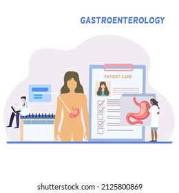 A doctor sitting using laptop, lady doctor using stethoscope check up human stomach with elements of patient card, calendar, picture of human and stomach with explanation bubble 