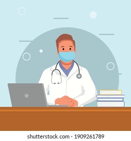 The doctor is sitting working on a patient's prescription using a laptop and several books.