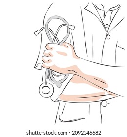 Doctor sketch with stethoscope in hand and hospital
