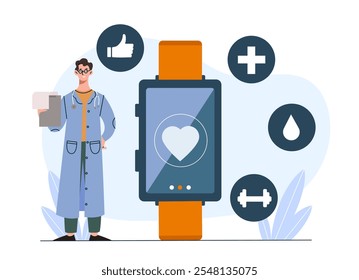 Médico com relógio inteligente. Homem de uniforme médico perto de smartwatches com indicadores de saúde. Dispositivo e gadget modernos. Saúde e medicina. Ilustração de vetor plano isolada no plano de fundo branco