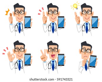 Doctor smartphone conjunto de expresión y gesto