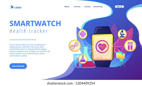 Doctor and smartwatch with heart and medical icons. Smartwatch health tracker and health monitor, activity tracking concept on white background. Website vibrant violet landing web page template.