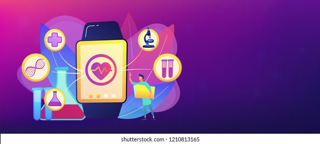 Doctor And Smartwatch With Heart And Medical Icons. Smartwatch Health Tracker And Health Monitor, Activity Tracking Concept On White Background. Header Or Footer Banner Template With Copy Space.