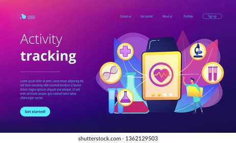 Doctor and smartwatch with heart and medical icons. Smartwatch health tracker and health monitor, activity tracking concept on white background. Website vibrant violet landing web page template.