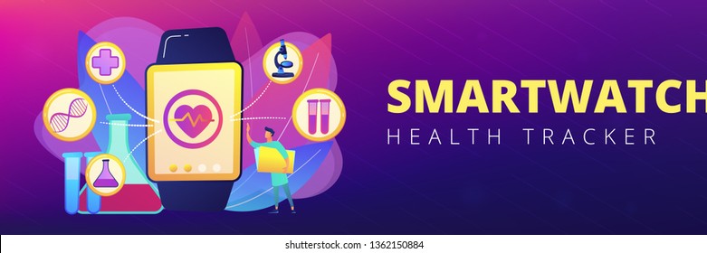 Doctor And Smartwatch With Heart And Medical Icons. Smartwatch Health Tracker And Health Monitor, Activity Tracking Concept On White Background. Header Or Footer Banner Template With Copy Space.