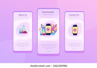 Doctor y reloj inteligente con íconos de corazón y médicos. Rastreador de salud y monitor de estado de Smartwatch, concepto de seguimiento de actividad sobre fondo blanco. Plantilla de interfaz de usuario de usuario de Mobile UX GUI, wireframe de interfaz de aplicación