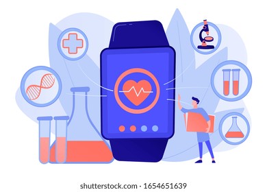 Doctor and smartwatch with heart and medical icons. Smartwatch health tracker and health monitor, activity tracking concept on white background. Pinkish coral bluevector isolated illustration