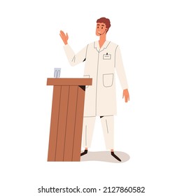 Doctor Speaker Behind Podium. Medical, Health Lecture, Speech Of Scientist At Stand. Physician Presenter With Microphone Speaking At Rostrum. Flat Vector Illustration Isolated On White Background