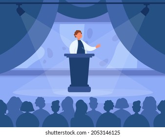 Doctor speaking from podium on stage at conference. Male scientist announcing innovations in science and medicine in front of audience flat vector illustration. Medical seminar, meeting concept