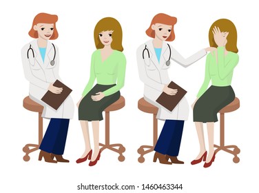 The doctor speaks with the patient. Doctor and patient isolated on white background. Vector graphics.
