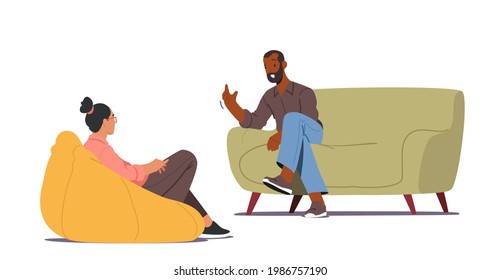 Doctor, Specialist Character Talking with Patient about Mind Health Problem. Depressed Man Sitting on Couch at Psychologist Appointment Need for Professional Help. Cartoon People Vector Illustration