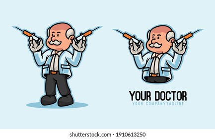 doctor specialist is holding the injection mascot logo