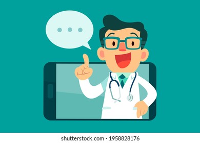 Doctor With Speech Bubble Giving Medical Advice Online From A Smart Phone Screen. Online Medical Advice Consultation Service Concept.