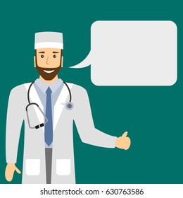 Doctor with speech bubble. Doctor giving a speech on conference.  Vector llustration.