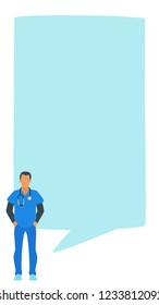 Doctor speech bubble. Man standing in front of a big empty banner. Design for social media to write healthcare information or comment. Stories template. Minimalism design with people silhouettes