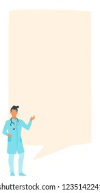 Doctor speech bubble. Man standing in front of a big empty banner. Design for social media to write healthcare information or comment. Stories template. Minimalism design with people silhouettes