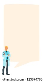 Doctor speech bubble. Man standing in front of a big empty banner. Design for social media to write healthcare information or comment. Stories template. Minimalism design with people silhouettes