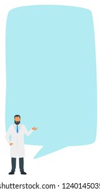 Doctor speech bubble. Man standing in front of a big empty banner. Design for social media to write healthcare information or comment. Stories template. Minimalism design with people silhouettes
