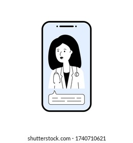 doctor and speech bubble on phone. concept of on-line consultation with medic, modern healthcare technologies in hospital. young female character talking on screen. blue flat simple sign for app, site