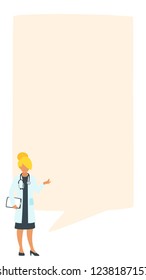 Doctor speech bubble. Physician standing in front of a big empty banner. Design for social media to write healthcare information or comment. Stories template. Minimalism design with people silhouettes