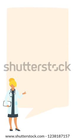 Doctor speech bubble. Physician standing in front of a big empty banner. Design for social media to write healthcare information or comment. Stories template. Minimalism design with people silhouettes