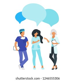 Doctor speech bubble. Physician talk and discuss professional information. Vector illustration. Minimalism design with man and woman silhouettes.