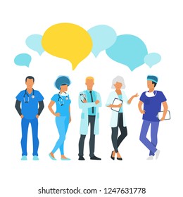 Doctor speech bubble. Physician talk and discuss professional information. Vector illustration. Minimalism design with man and woman silhouettes.