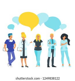 Doctor speech bubble. Physician talk and discuss professional information. Vector illustration. Minimalism design with man and woman silhouettes.