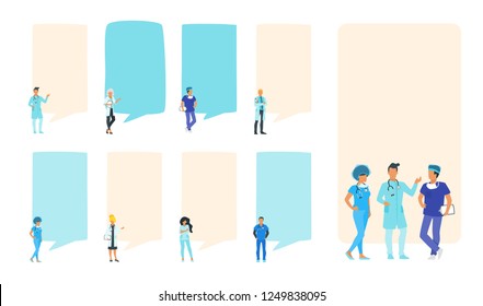 Doctor speech bubble set. People standing in front of a big empty banner. Design for social media to write healthcare information. Stories template. Minimalism design with people silhouettes