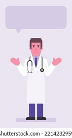 Doctor spreads his arms to side and upset. Flat people. Vector illustration