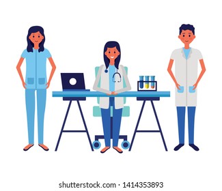 doctor staff equipment desk laptop flask chemical vector illustration