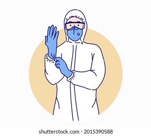 Personal médico con traje médico protector o traje de EPP y con guantes de goma a mano. Dibujado a mano en estilo de línea delgada, ilustraciones vectoriales.