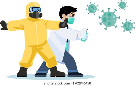 The doctor and staff wear ppe suits, inject alcohol, eliminate the corona virus.