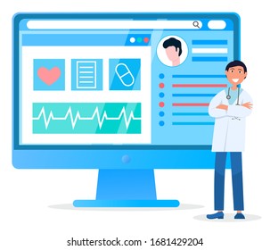 Doctor stand near big computer monitor with medical card of patient. Man explore cardiogram with heart beat on display. Person work at hospital as cardiologist. Vector illustration of clinic in flat