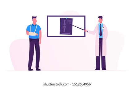 Doctor Stand At Screen Pointing On Xray Image Of Patient Broken Arm Bones. Man With Bandage Hand Visiting Clinic Or Hospital For Traumatology Practitioner Appointment Cartoon Flat Vector Illustration