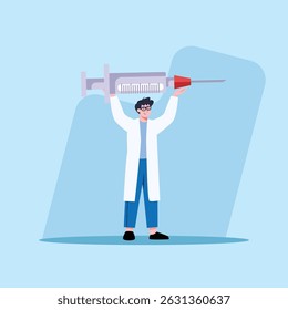 A doctor is standing with arms raised holding a large syringe over his head in a light blue environment, suitable for medical contexts.