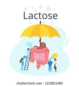 Doctor standing around intestines and talk. Big umbrella  protect guts from milk sugar. Speech bubbles. Minimalism design with people silhouettes. Lactose intolerance concept. Vector illustration.