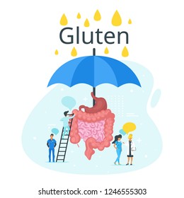 Doctor standing around intestines and talk. Big umbrella protect guts from gluten intolerance. Speech bubbles. Minimalism design with people silhouettes and exaggerated objects. Vector illustration.