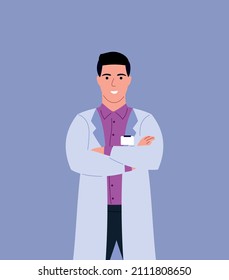 The doctor is standing in a bathrobe, arms crossed over his chest, a guy in a medical uniform. Isolated vector illustration, simple flat design.