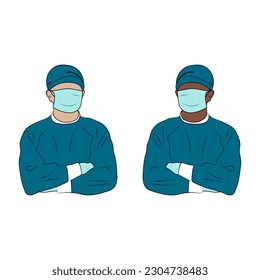 Doctor standing with crossed arms. Line art. Surgeon in gloves, mask and uniform. Hand drawn vector illustration.