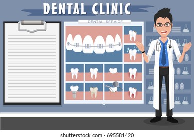 Doctor standing in dental office.preparing for dental exam. Dentist workplace, equipment, instruments.